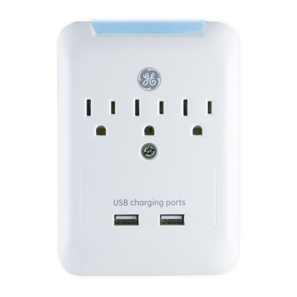 GE 3-Outlet 2-USB Wall Tap with Surge Protection, White