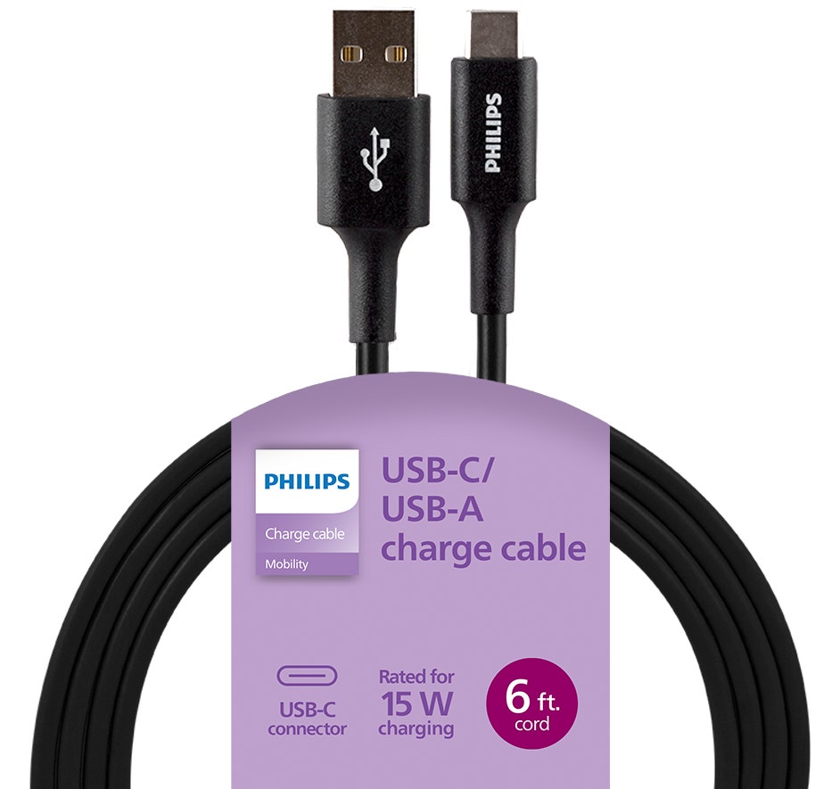 Philips 6ft. USB-C to USB-A Charging Cable, Black