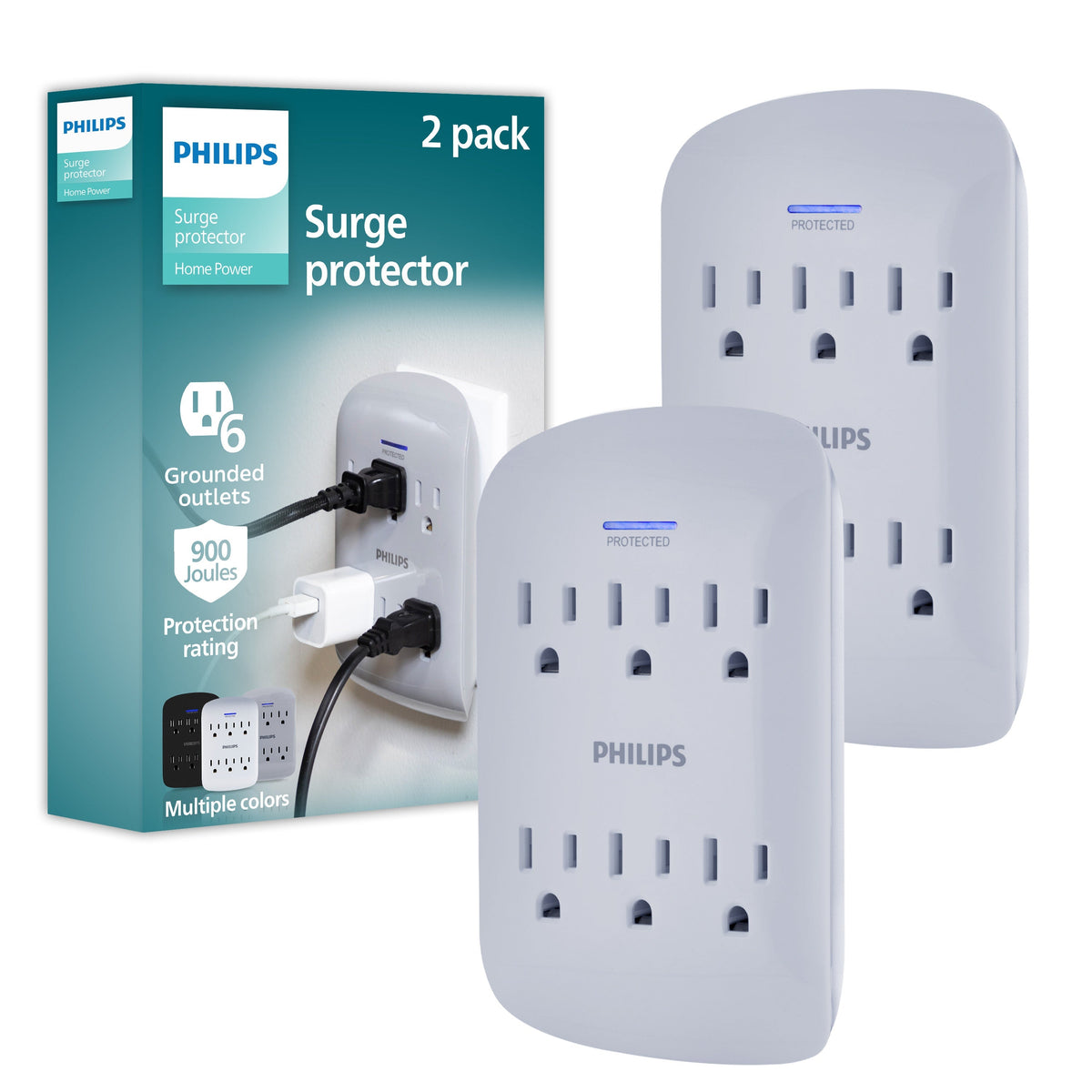 Philips 6-Outlet Wall Tap with Surge Protection, 2 Pack, Gray