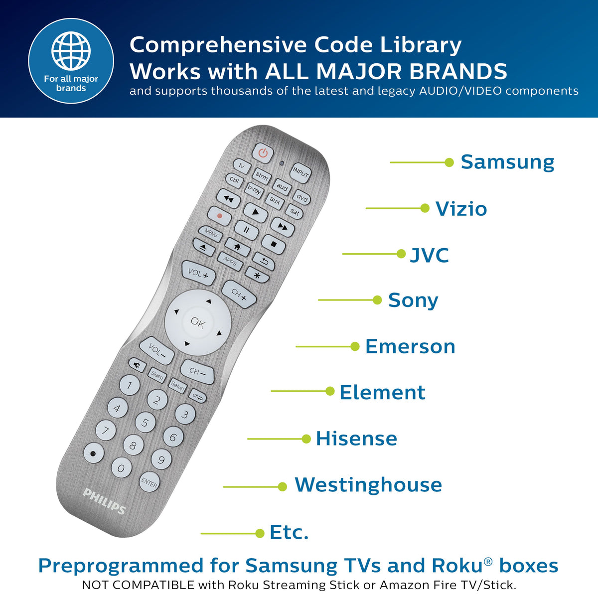 Philips 8-Device Backlit Universal Remote, Brushed Graphite