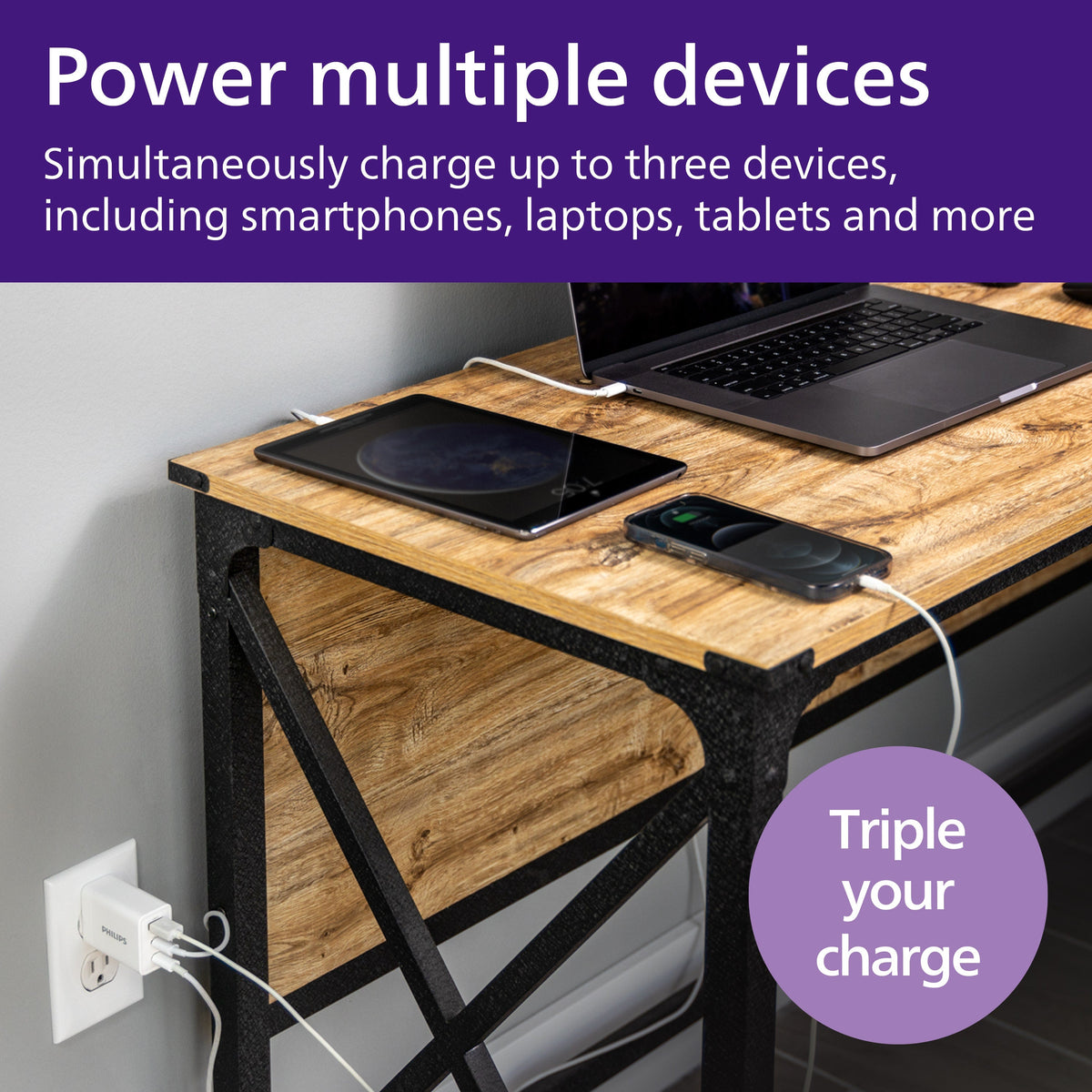 Philips 1 USB and 2 USB-C Wall Charger with Power Delivery, White