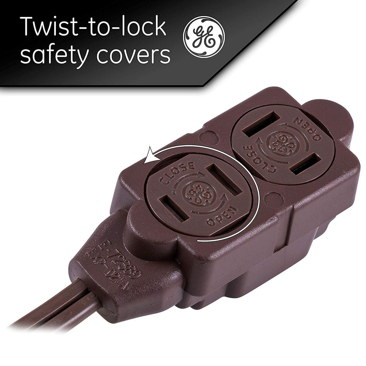 GE 3-Outlet 15ft. Extension Cord with Twist-to-Close Outlets, Brown