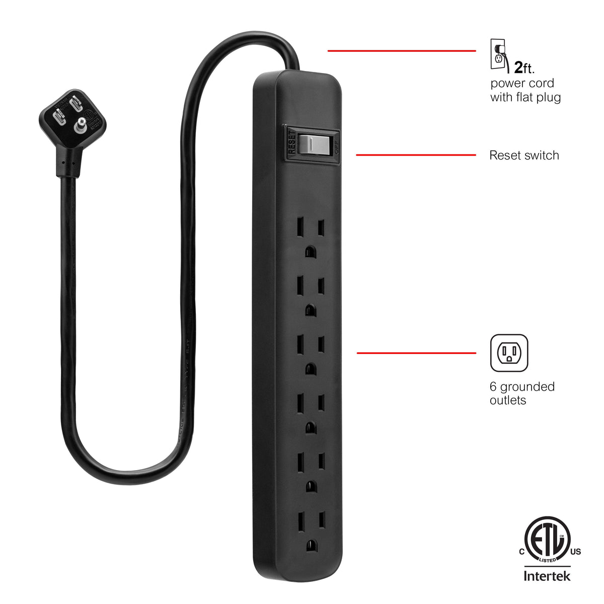 GE 6-Outlet 2ft. Power Strip, Black