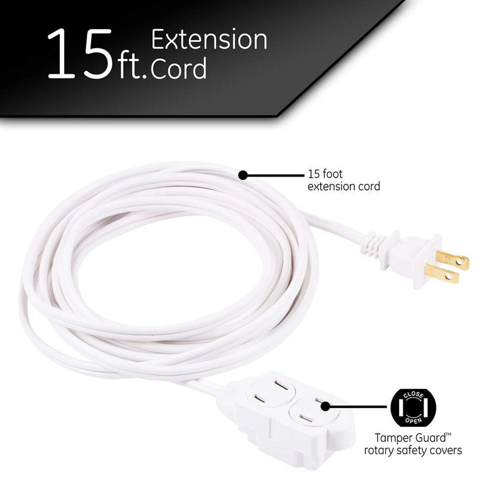 GE 3-Outlet 15ft. Extension Cord with Twist-to-Close Outlets, White