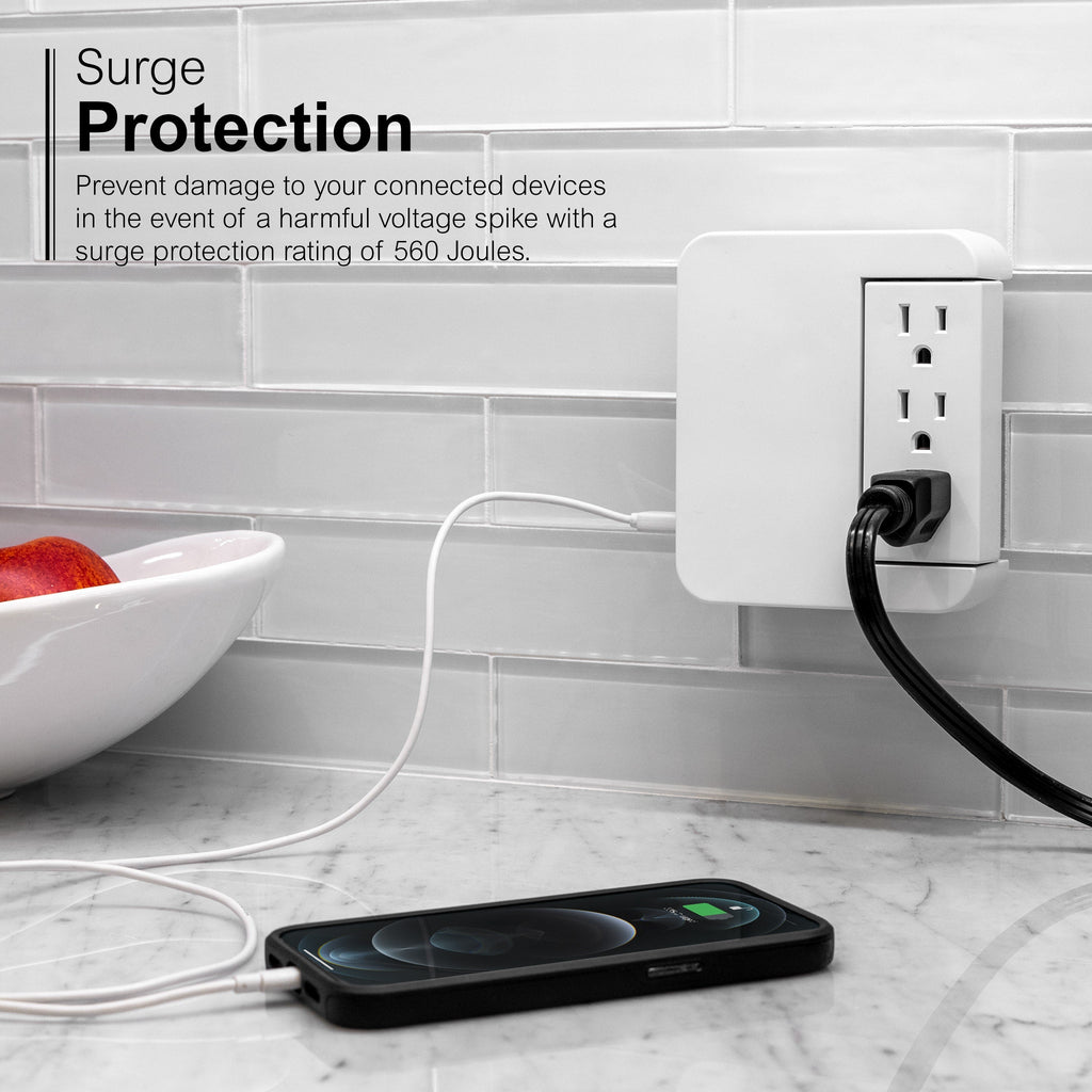GE 5-Outlet 2-USB Wall Tap with Surge Protection and Swivel Outlets, White