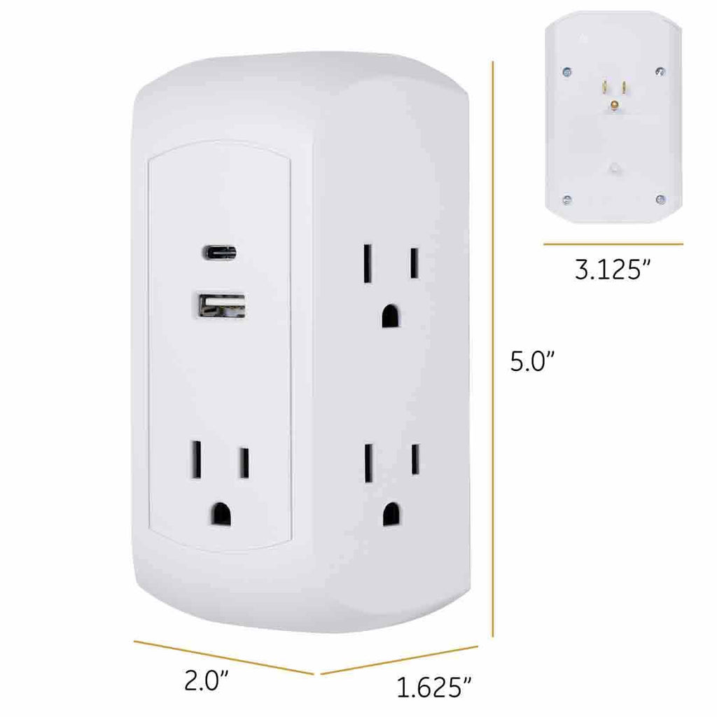 GE 5-Outlet 2-USB Wall Tap with Surge Protection and USB-C, White