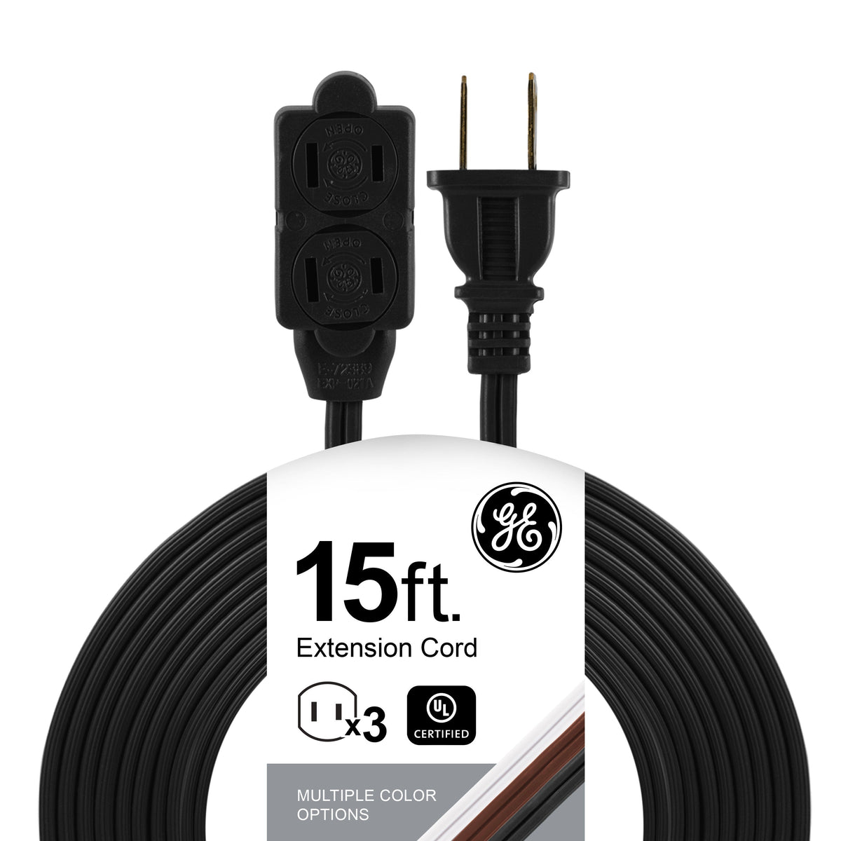 GE 3-Outlet 15ft. Extension Cord with Twist-to-Close Outlets, Black