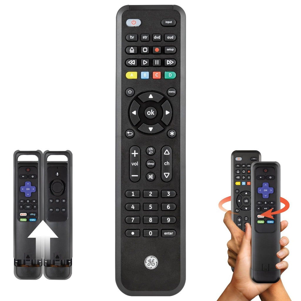 GE 4-Device Universal Companion Remote for Roku and Amazon TV with Flip and Slide Cradle, Black