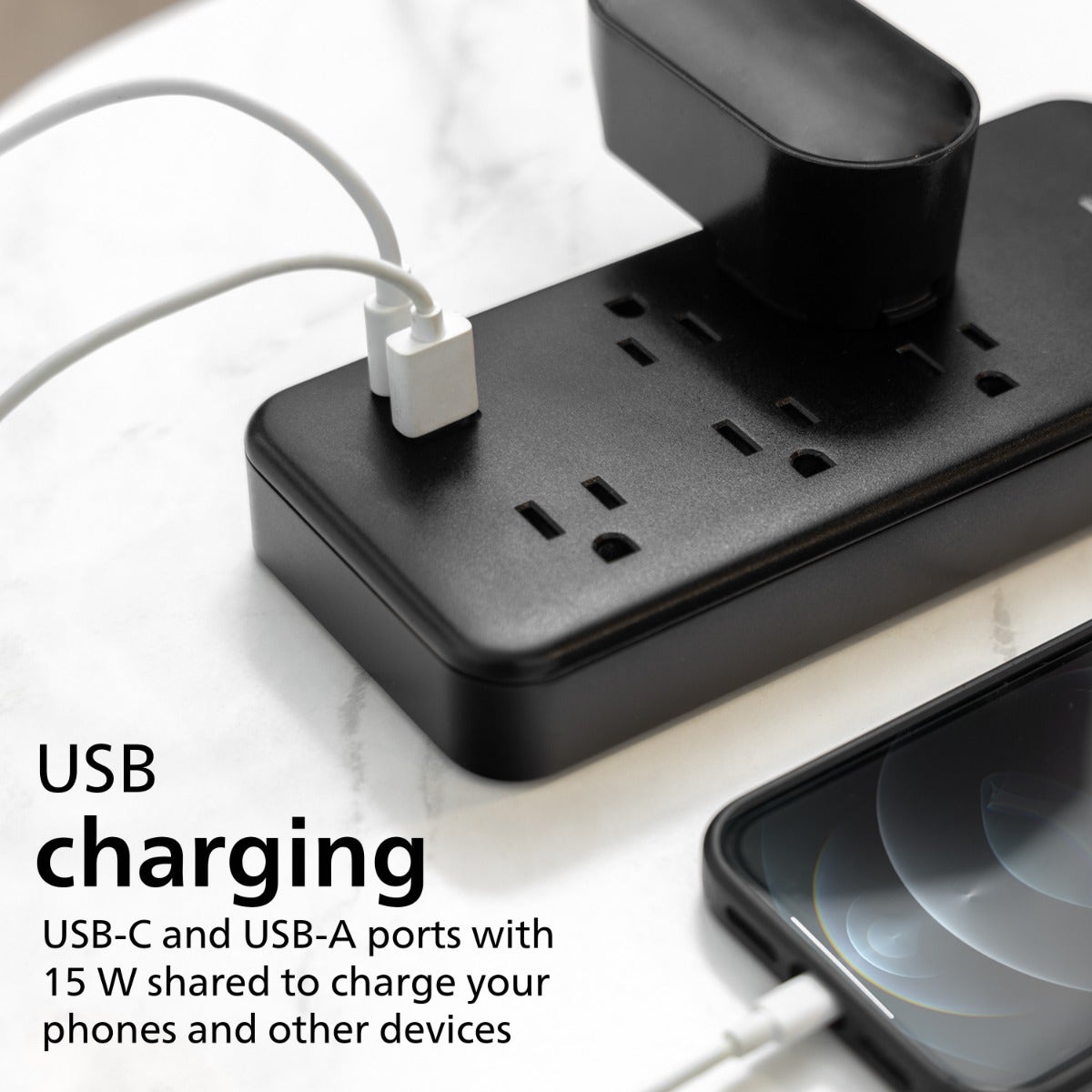 Philips 5-Outlet 6ft. 1 USB-A 1 USB-C Surge Protector With Adapter-Spaced Outlets, Black