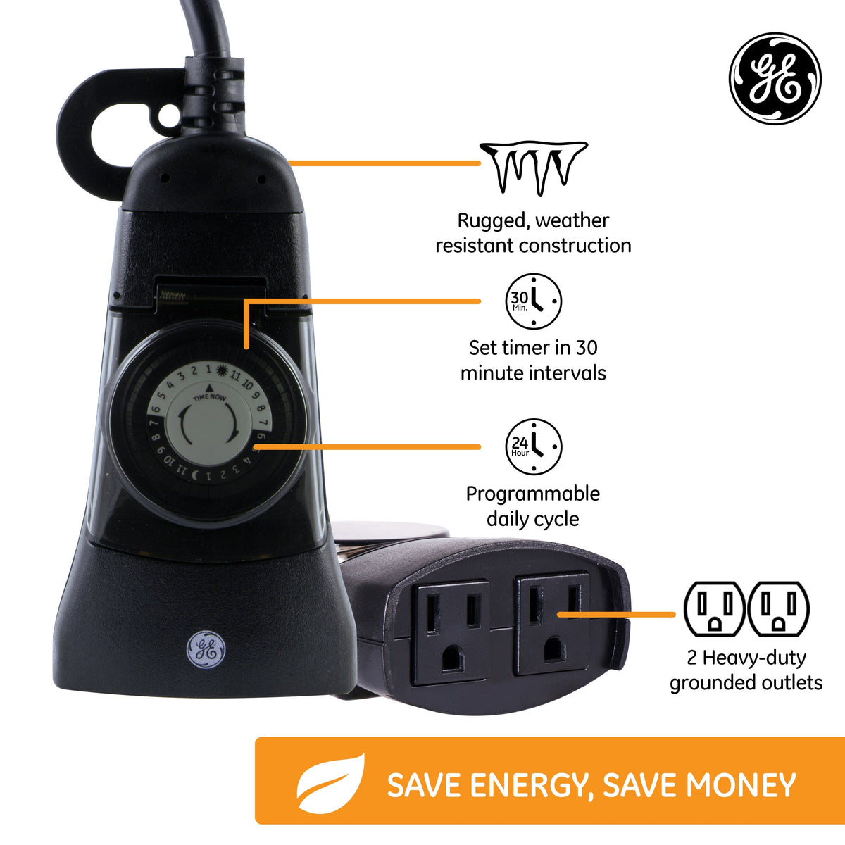 GE Outdoor Plug-In 24-Hour Mechanical Timer, Black