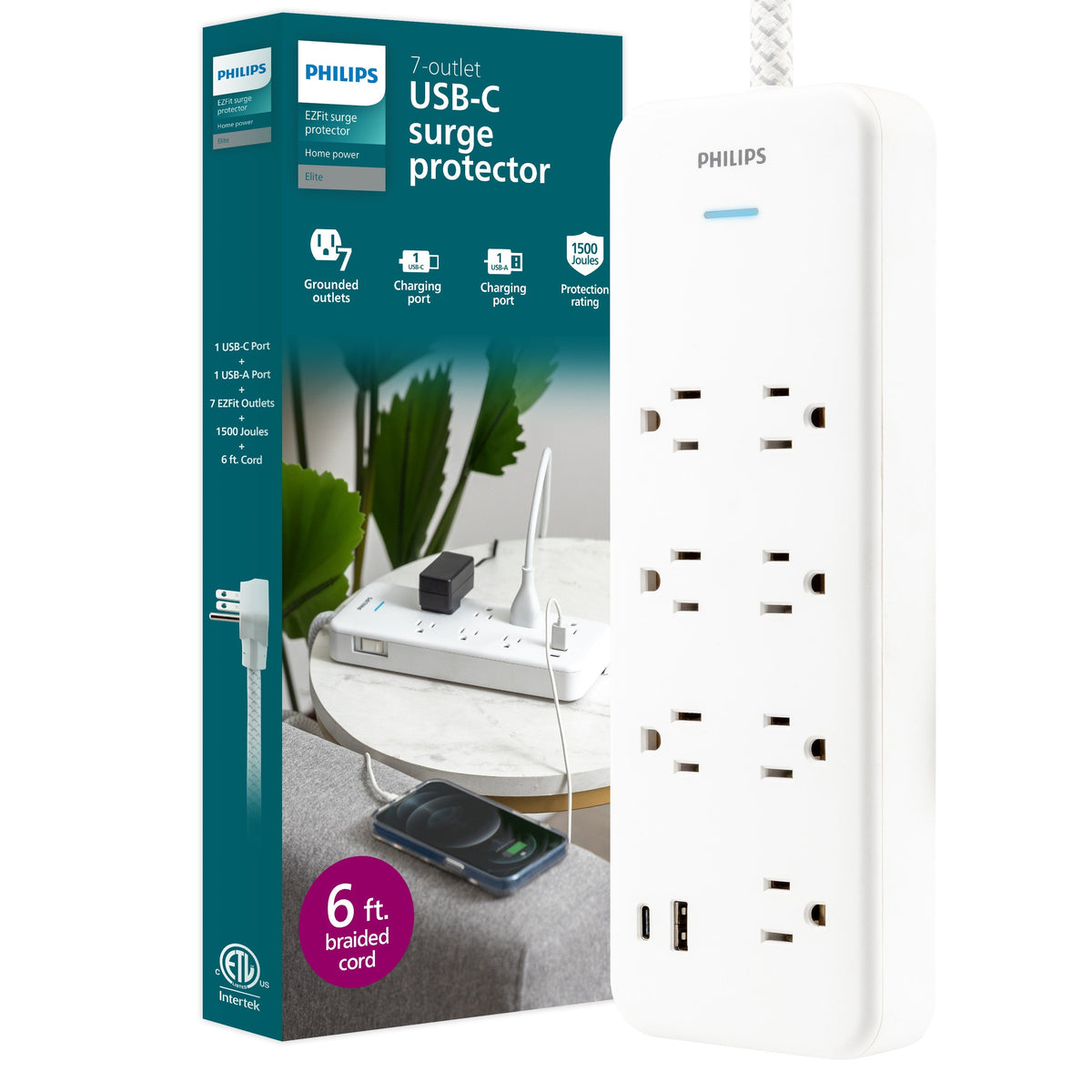 Philips 7-Outlet 6ft. 1 USB-A 1 USB-C Surge Protector With Adapter-Spaced Outlets, White