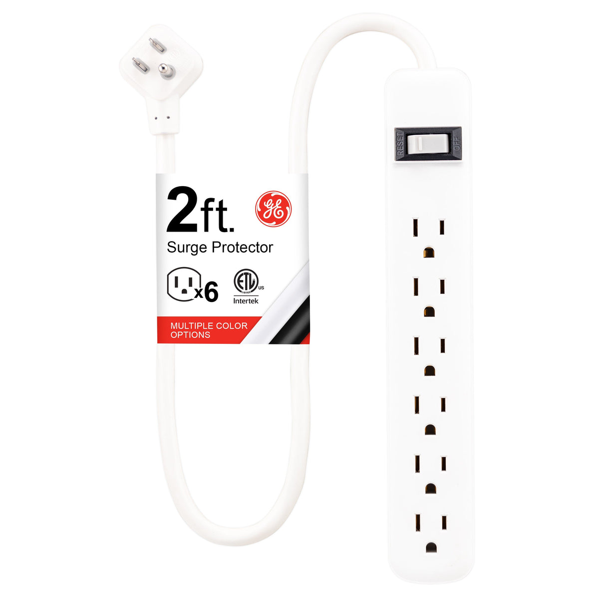 GE 6-Outlet 2ft. Surge Protector with Twist-to-Close Safety Outlets, White
