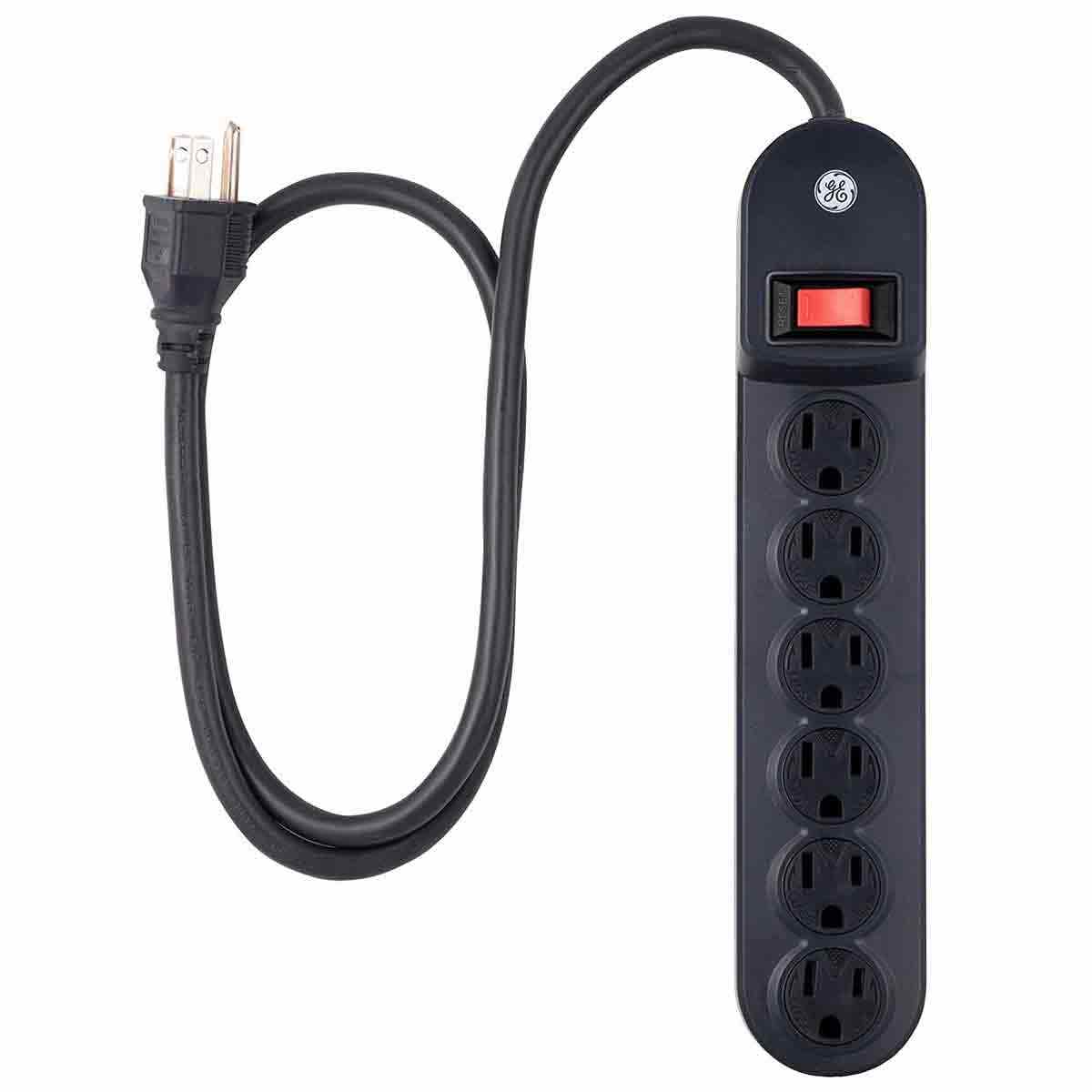 GE 6-Outlet 3ft. Power Strip with Twist-to-Close Safety Covers, Black