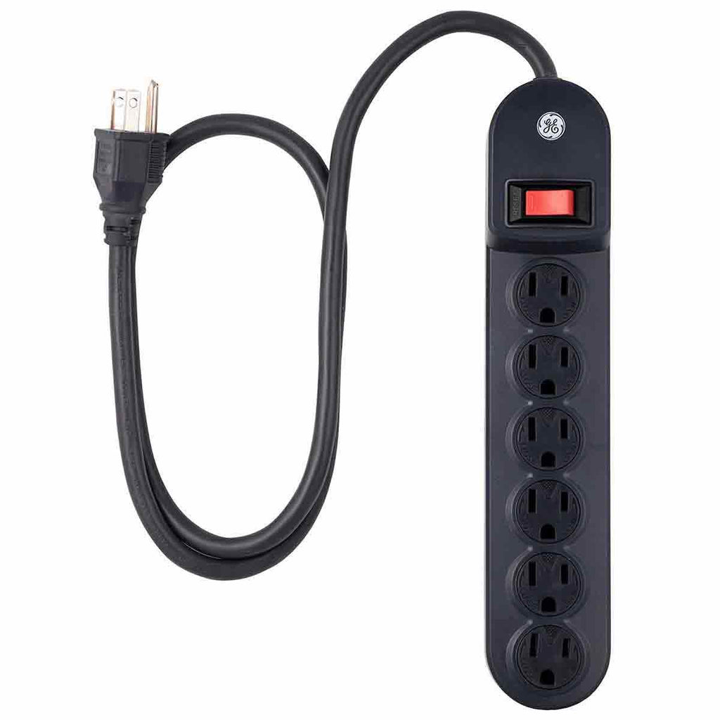 GE 6-Outlet 3ft. Power Strip with Twist-to-Close Safety Covers, Black