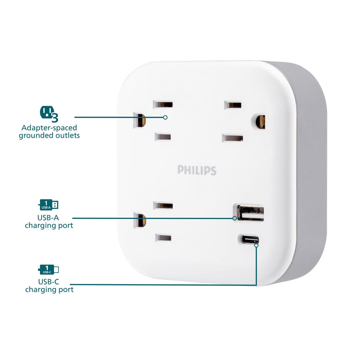 Philips 3-Outlet 1 USB-A 1 USB-C Wall Tap with Surge Protection, White