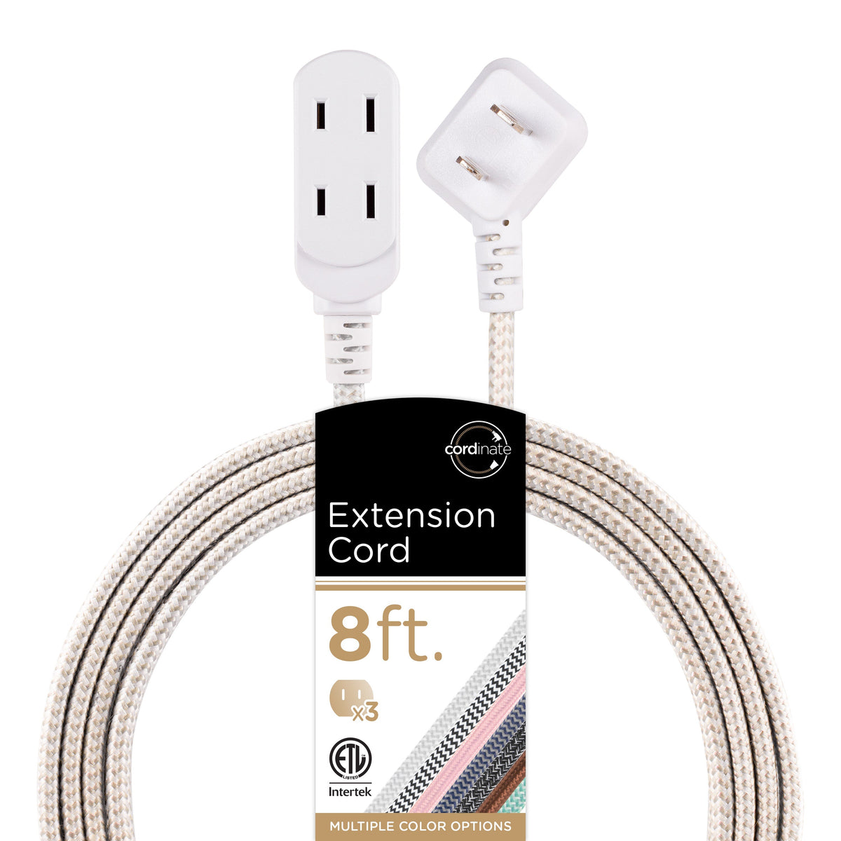 Cordinate 3-Outlet 8ft. Braided Extension Cord with Flat Plug, White/Tan