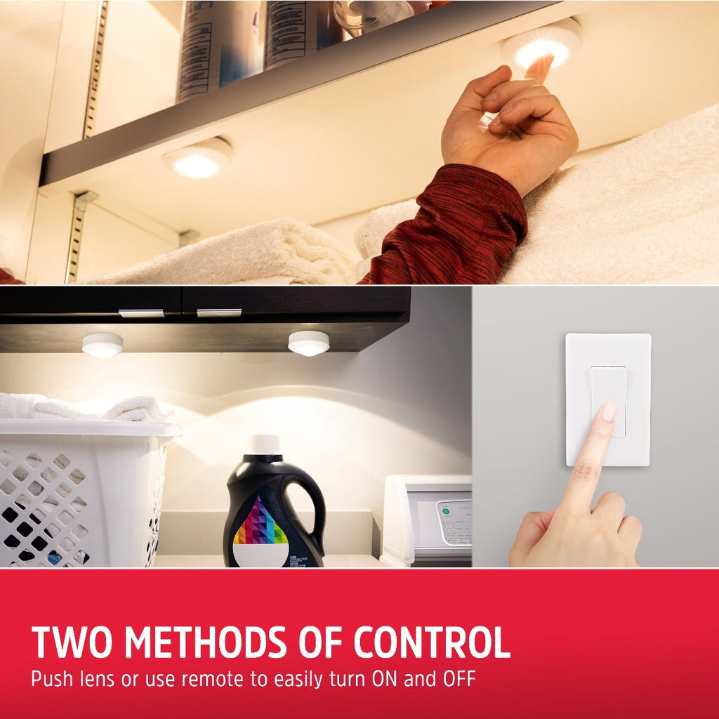 Energizer Battery Operated LED Puck Light with Wall Switch Remote, 2 Pack, White