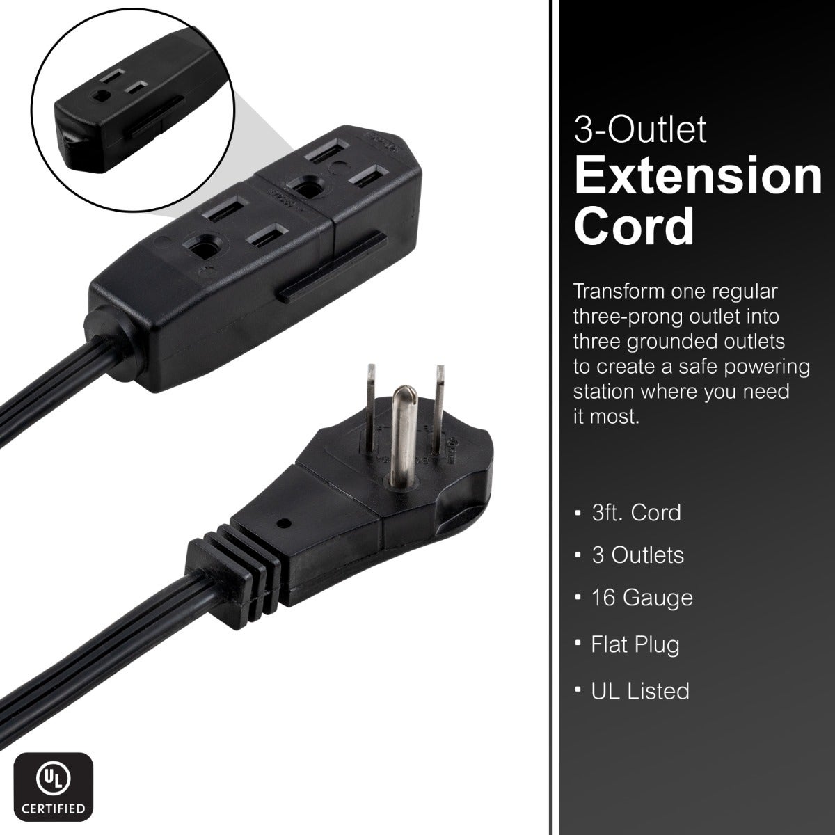 GE 3-Outlet 3ft. Extension Cord with Right-Angle Plug, Black