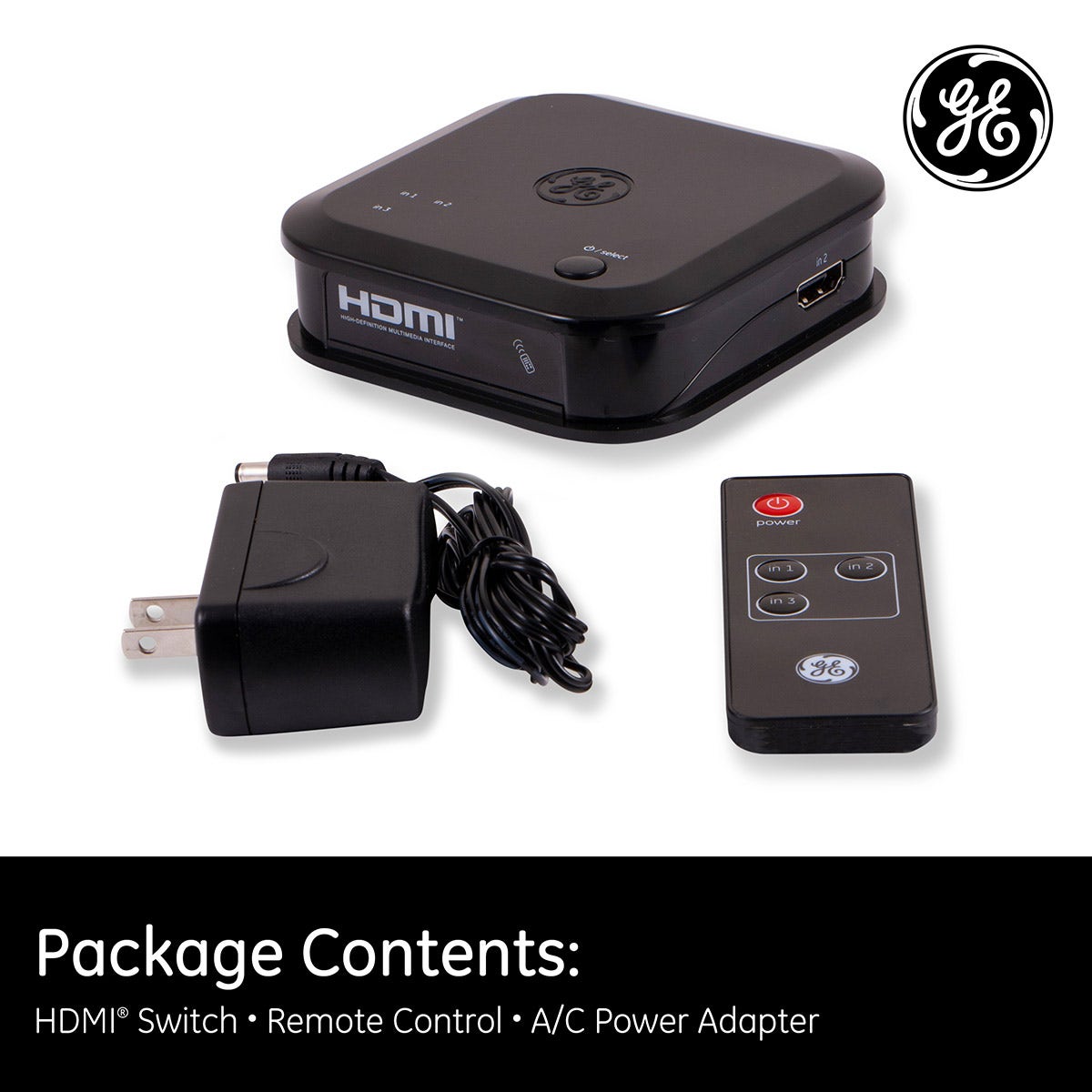 GE 3-Device HDMI Switch with Wireless Remote, Black