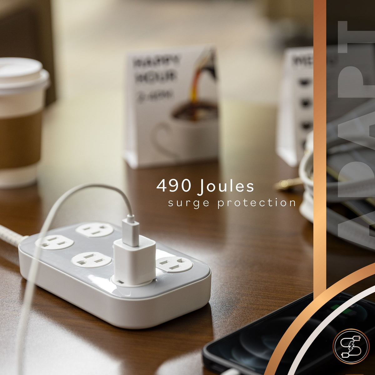 Cordinate ADAPT 6-Outlet 4ft. Braided Extension Cord with Surge Protection, Cream/Gray