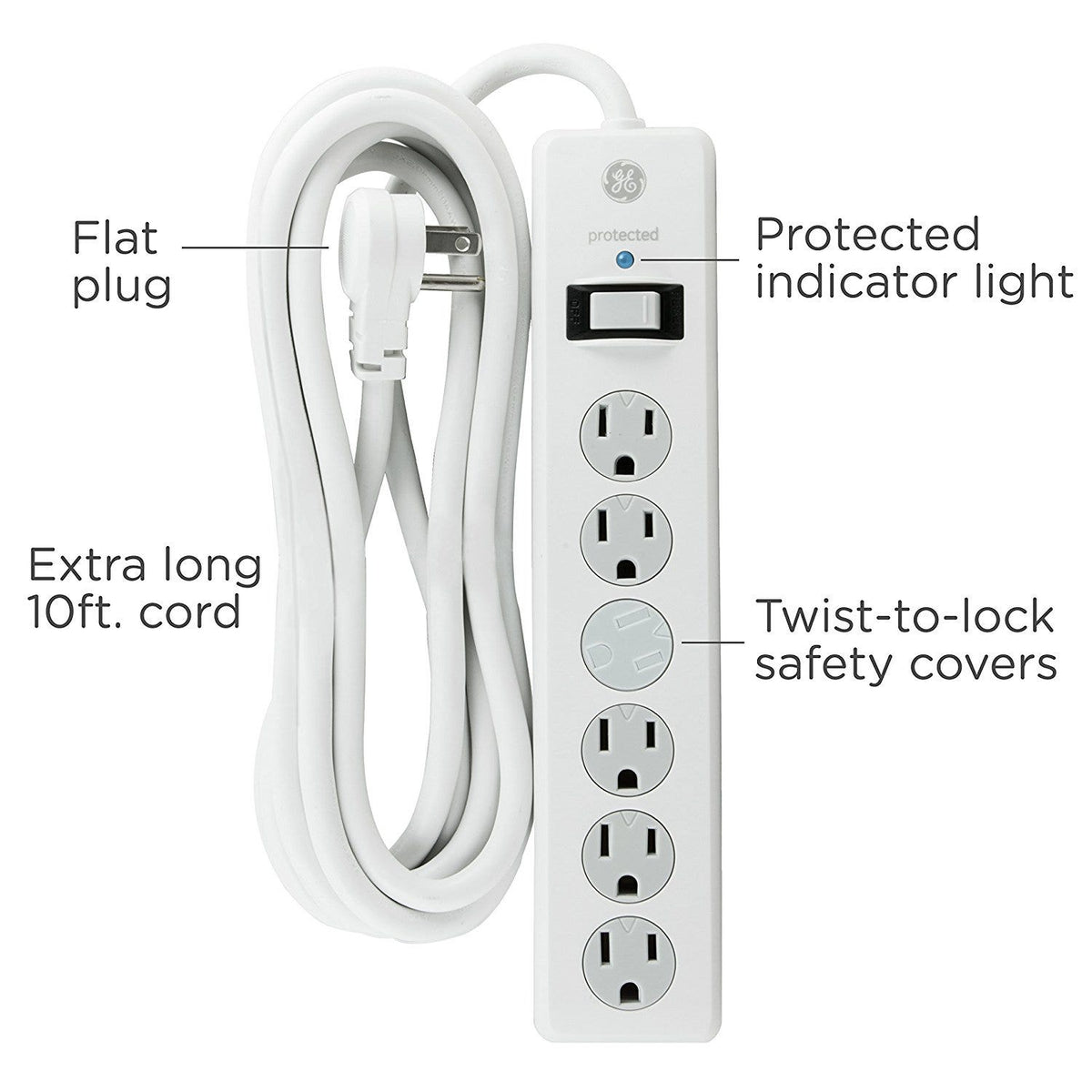 GE 6-Outlet 10ft. Surge Protector With Twist-To-Close Safety Covers, White