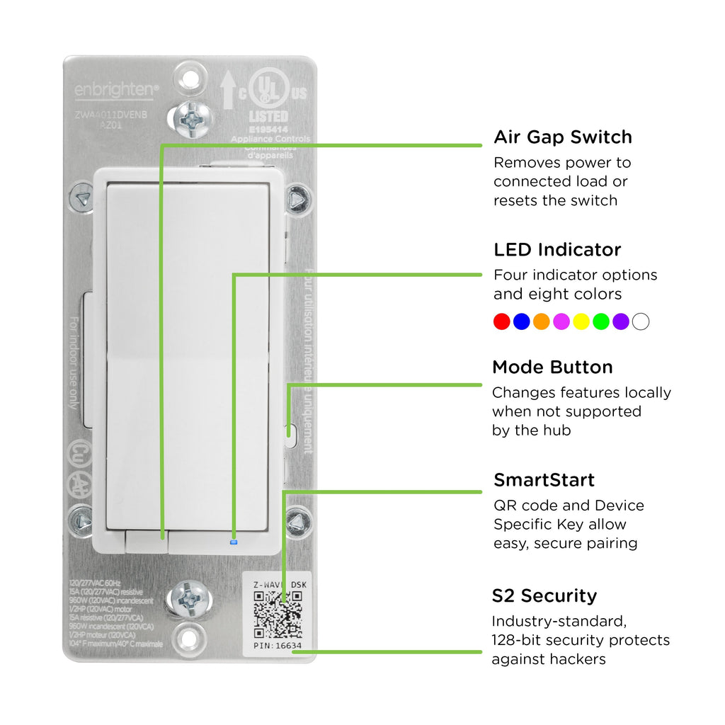 Enbrighten Z-Wave Plus Commercial Grade In-Wall Smart Paddle Switch, 700 Series, White