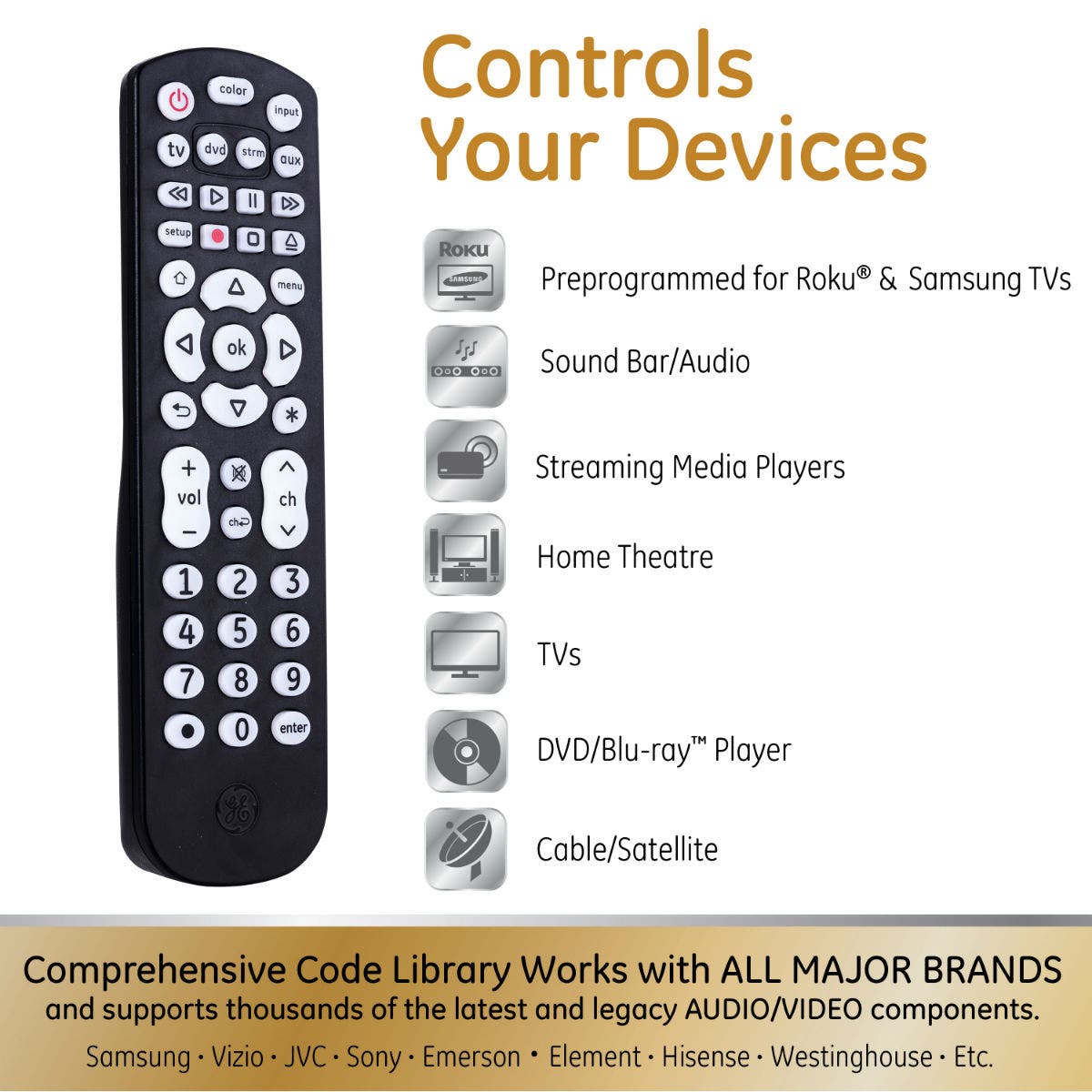 GE UltraPro 4-Device Color Changing Backlight Universal Remote, Black