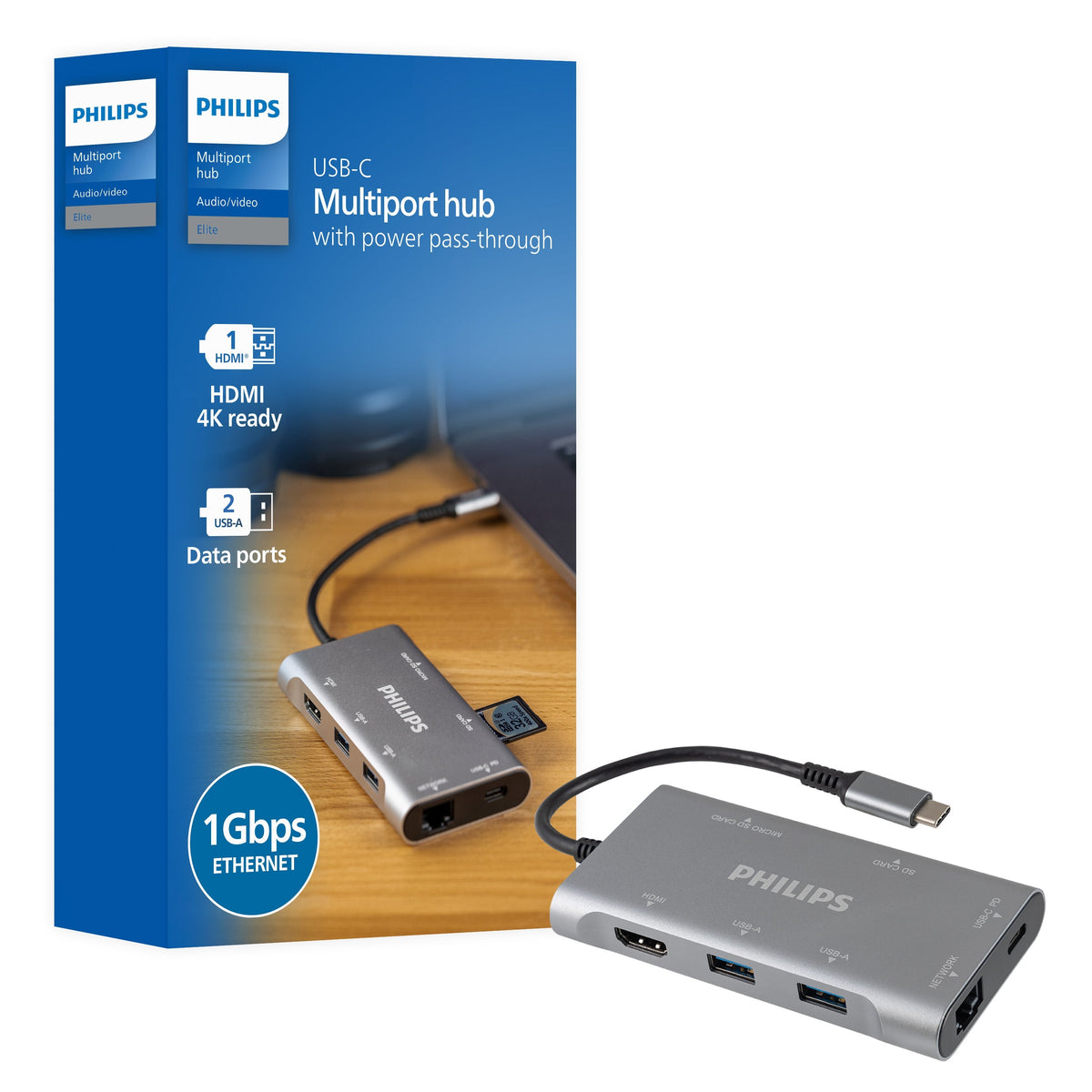 Philips Elite 7-in-1 Multiport Hub with Power Pass-Through, Silver