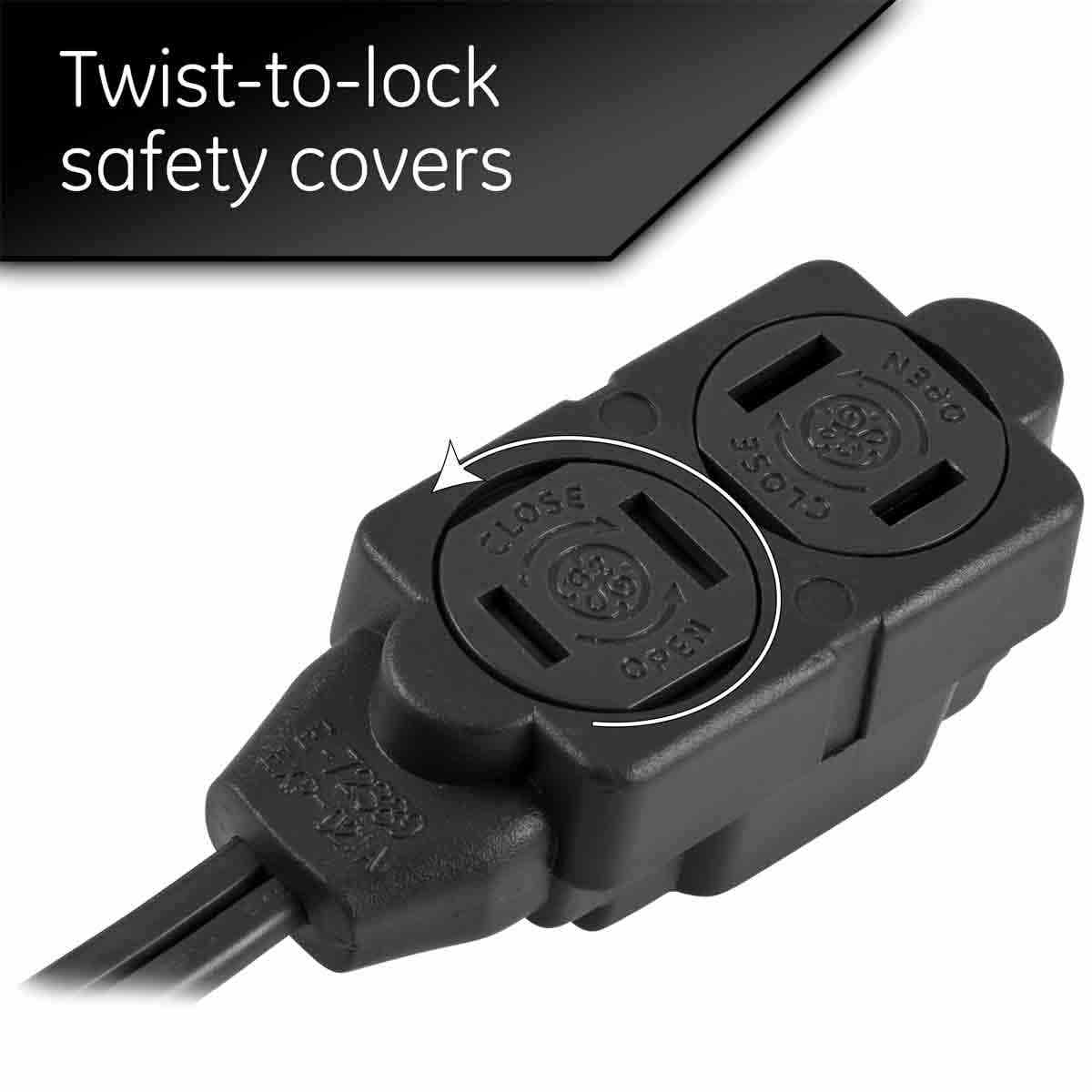 GE 3-Outlet 9ft. Indoor Extension Cord with Twist-to-Close Outlets, Black