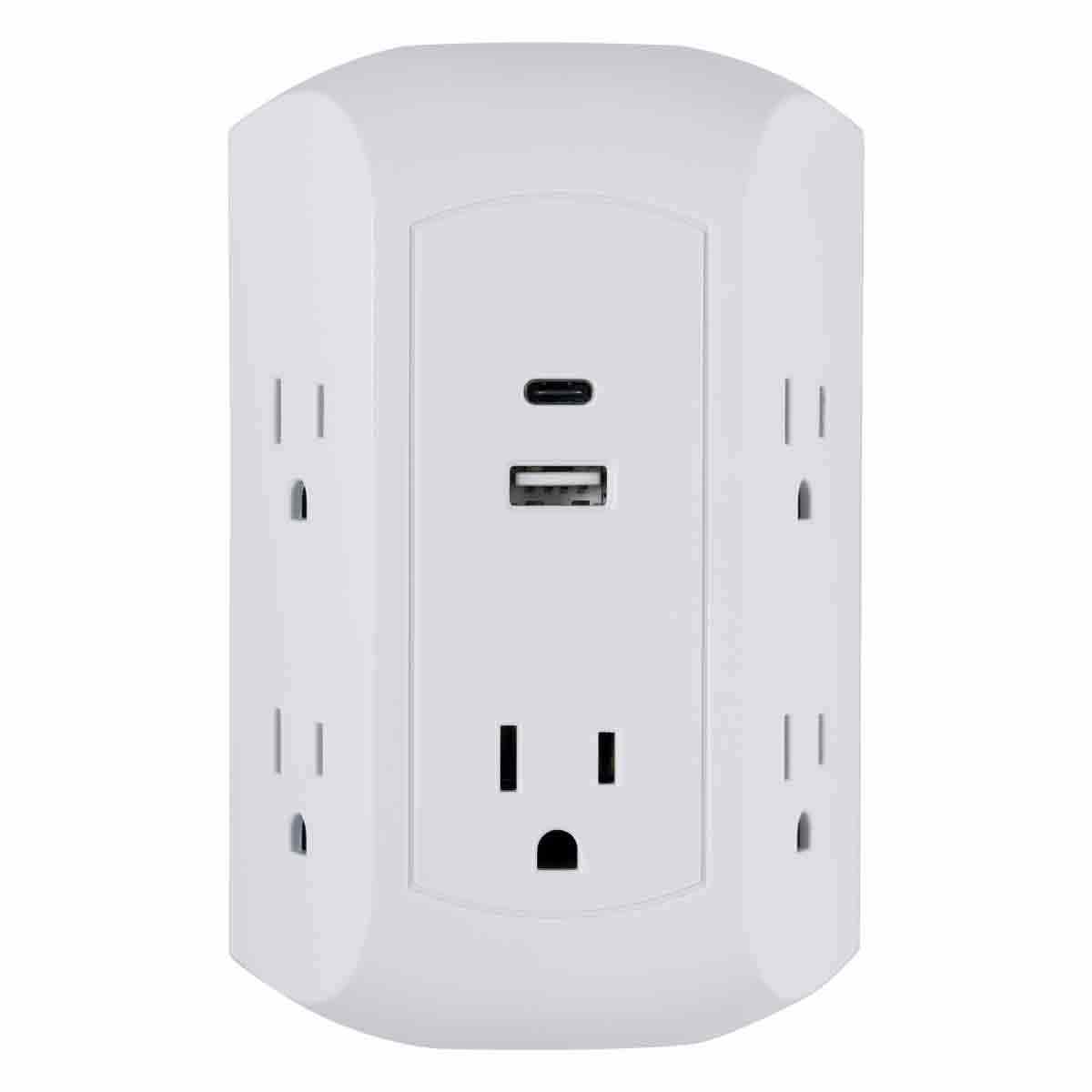 GE 5-Outlet 2-USB Wall Tap with Surge Protection and USB-C, White