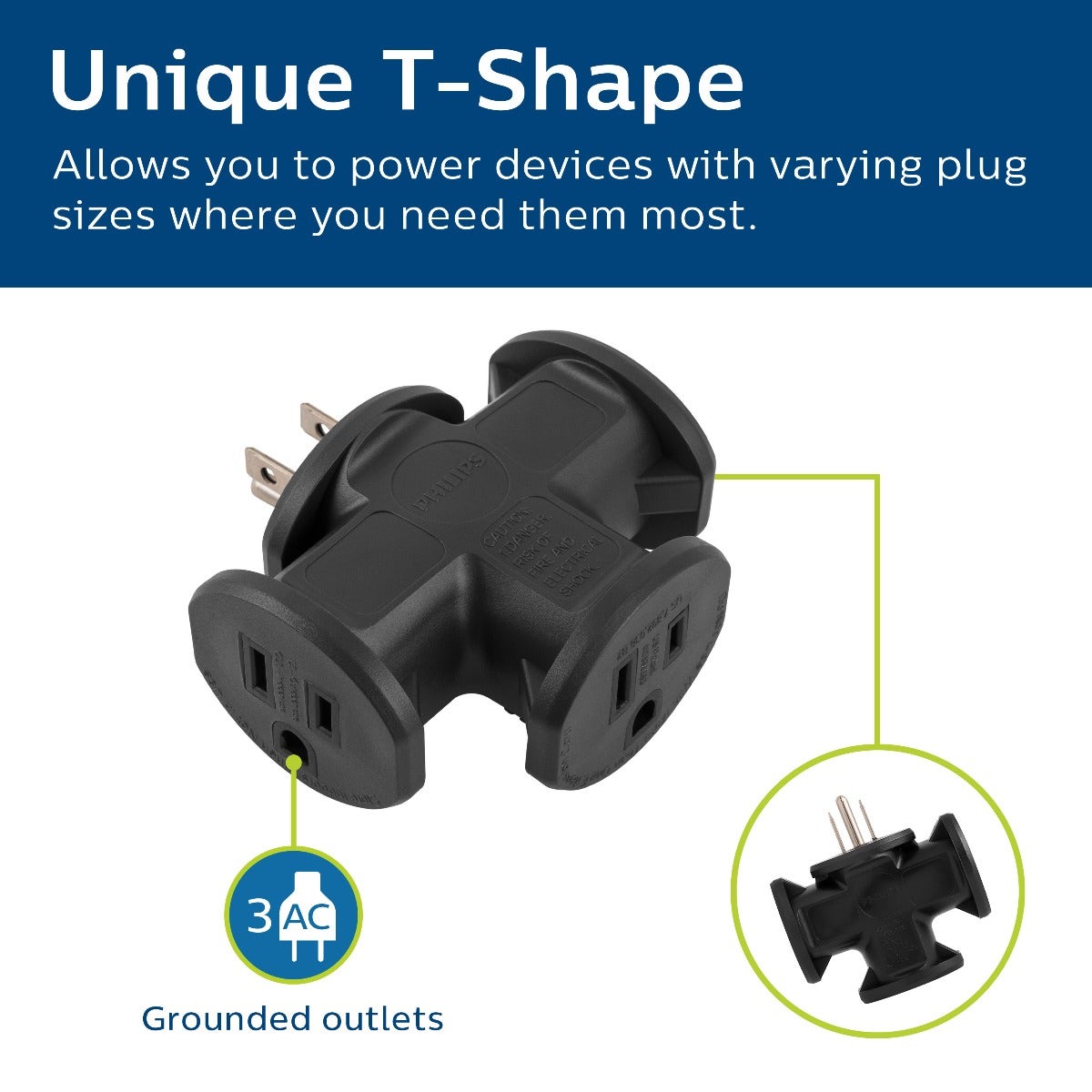 Philips 3-Outlet T-Shaped Adapter, Black
