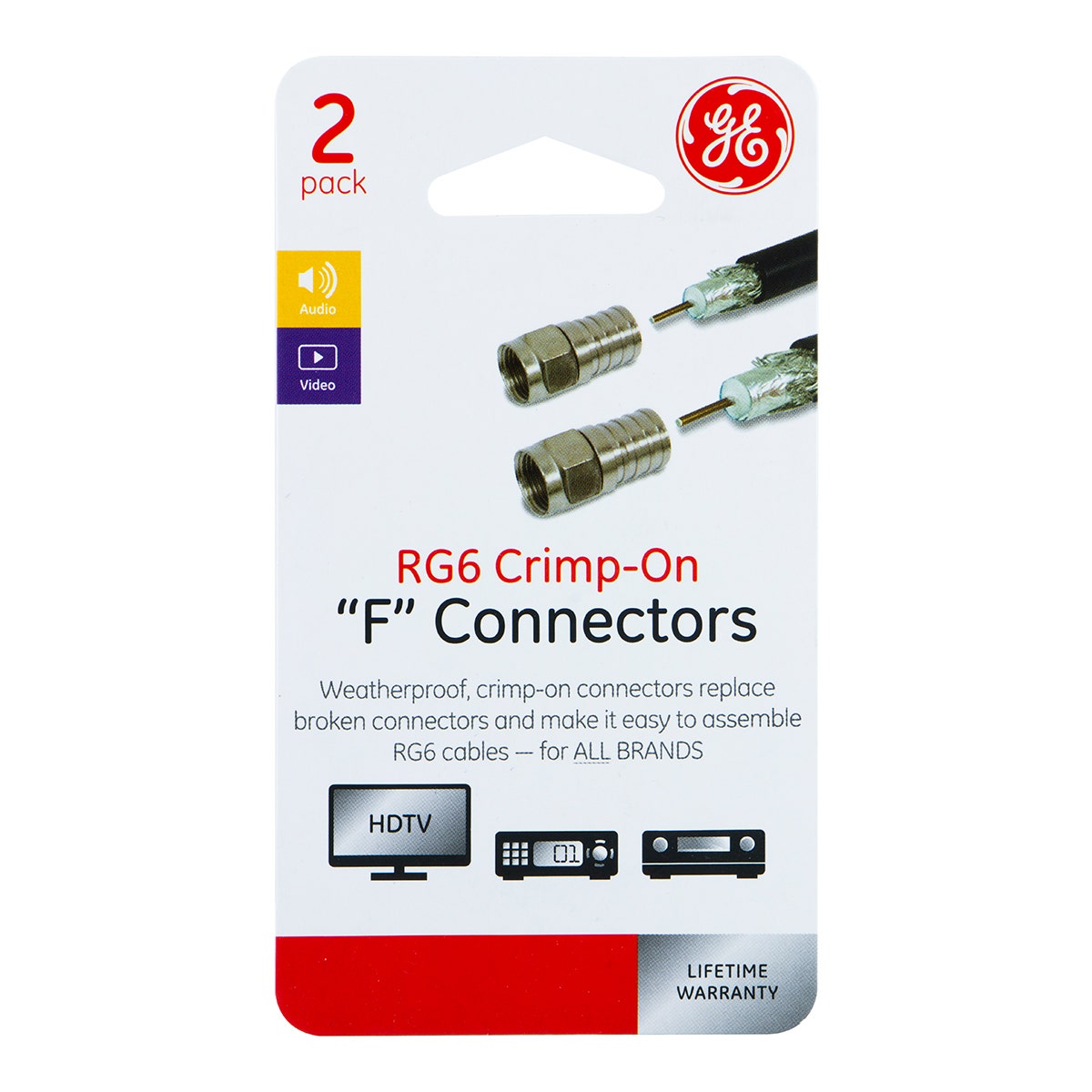GE RG6 Crimp-On F-Type Connectors, Silver, 2 Pack