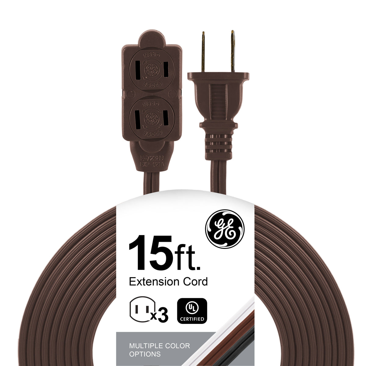 GE 3-Outlet 15ft. Extension Cord with Twist-to-Close Outlets, Brown