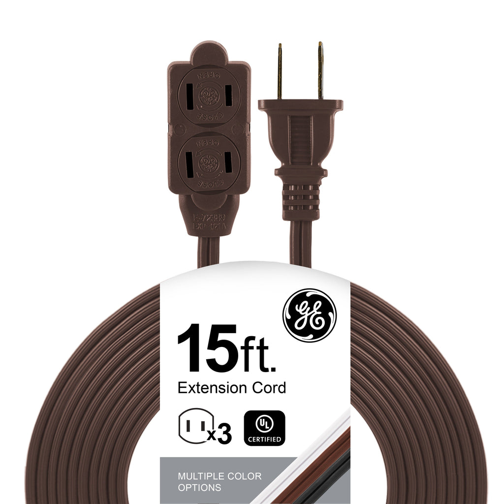 GE 3-Outlet 15ft. Extension Cord with Twist-to-Close Outlets, Brown