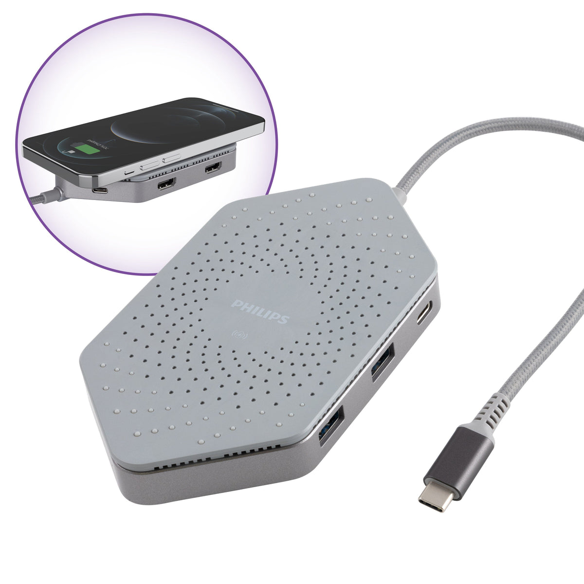 Philips USB-C Travel Docking Station with Qi Wireless Charging, Gray