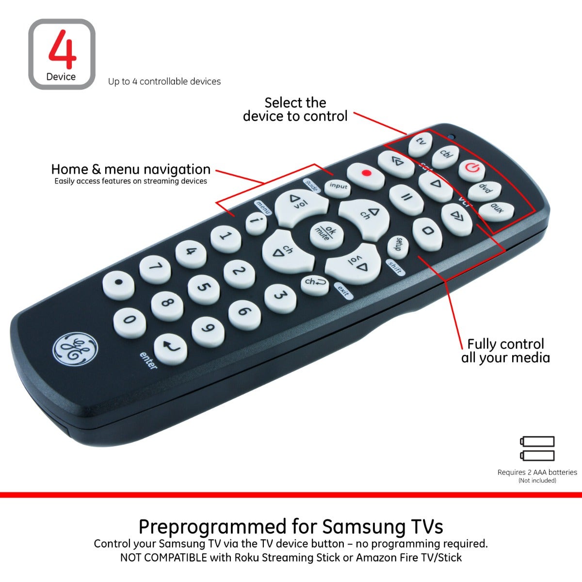 GE 4-Device Universal Remote, Black