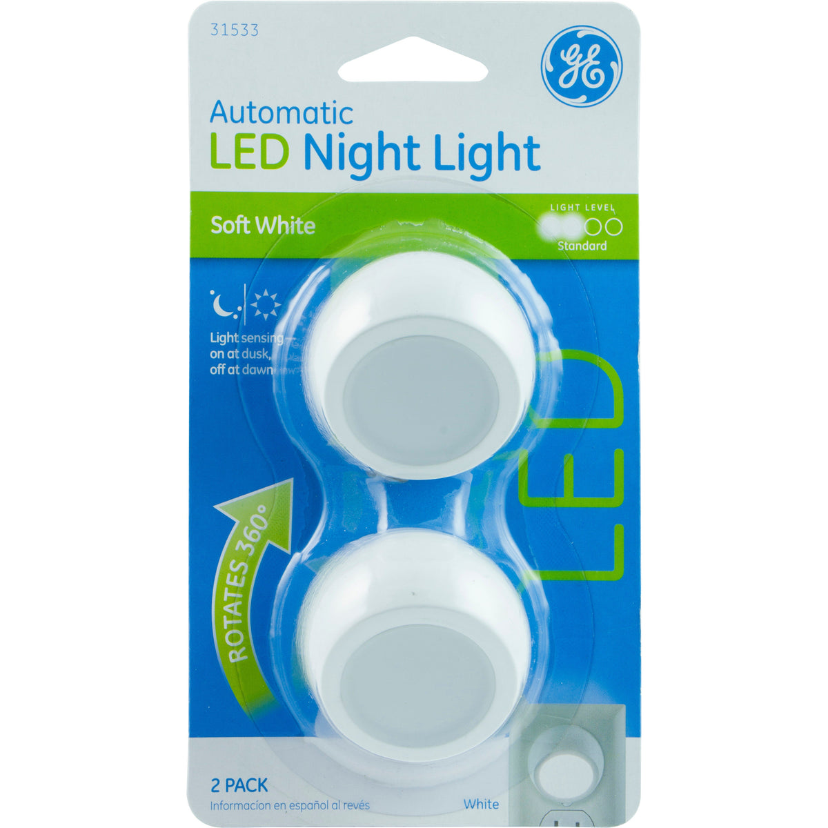 GE Light Sensing LED Night Light, 2 Pack, White