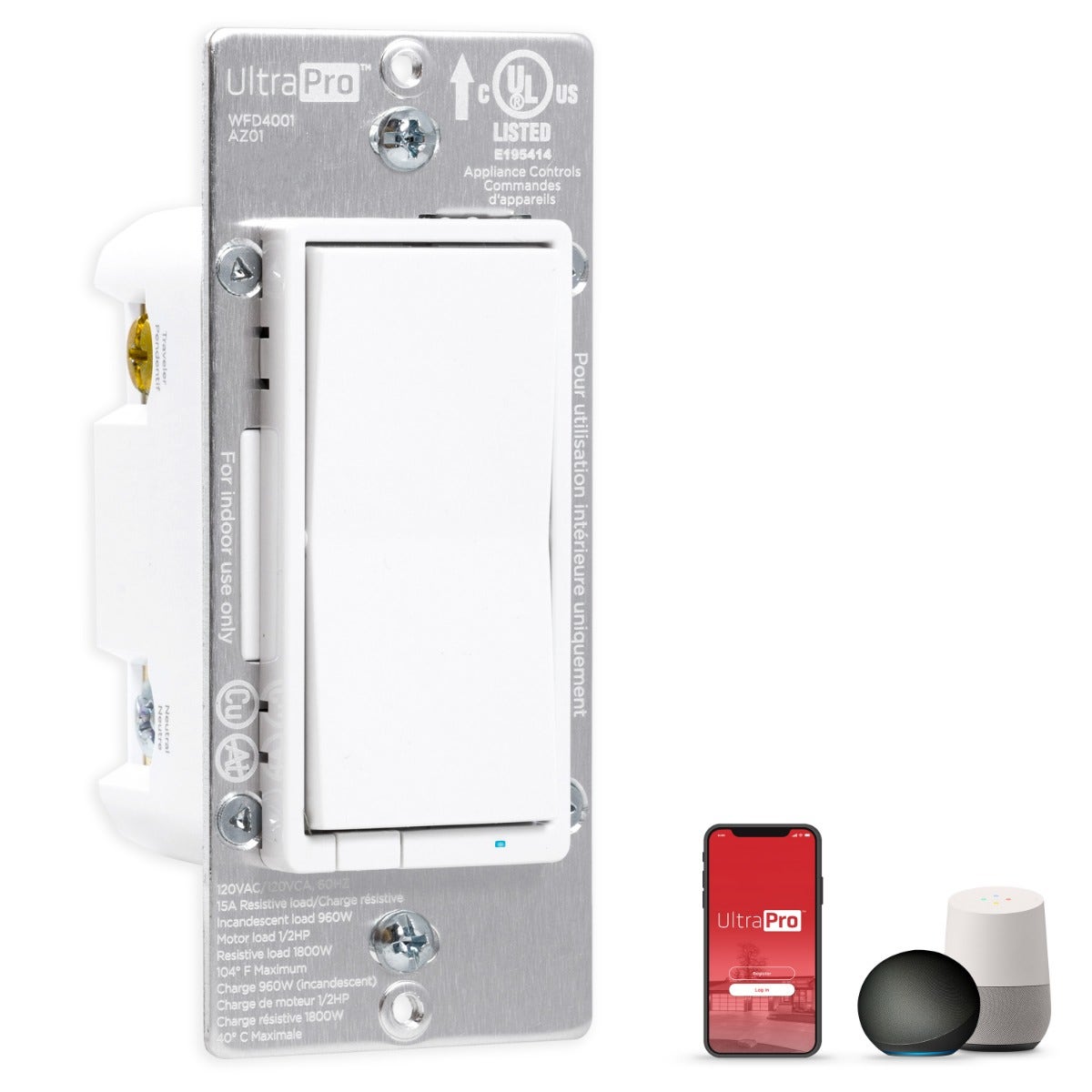 UltraPro WiFi In-Wall Smart Dimmer With QuickFit™ And SimpleWire™, White