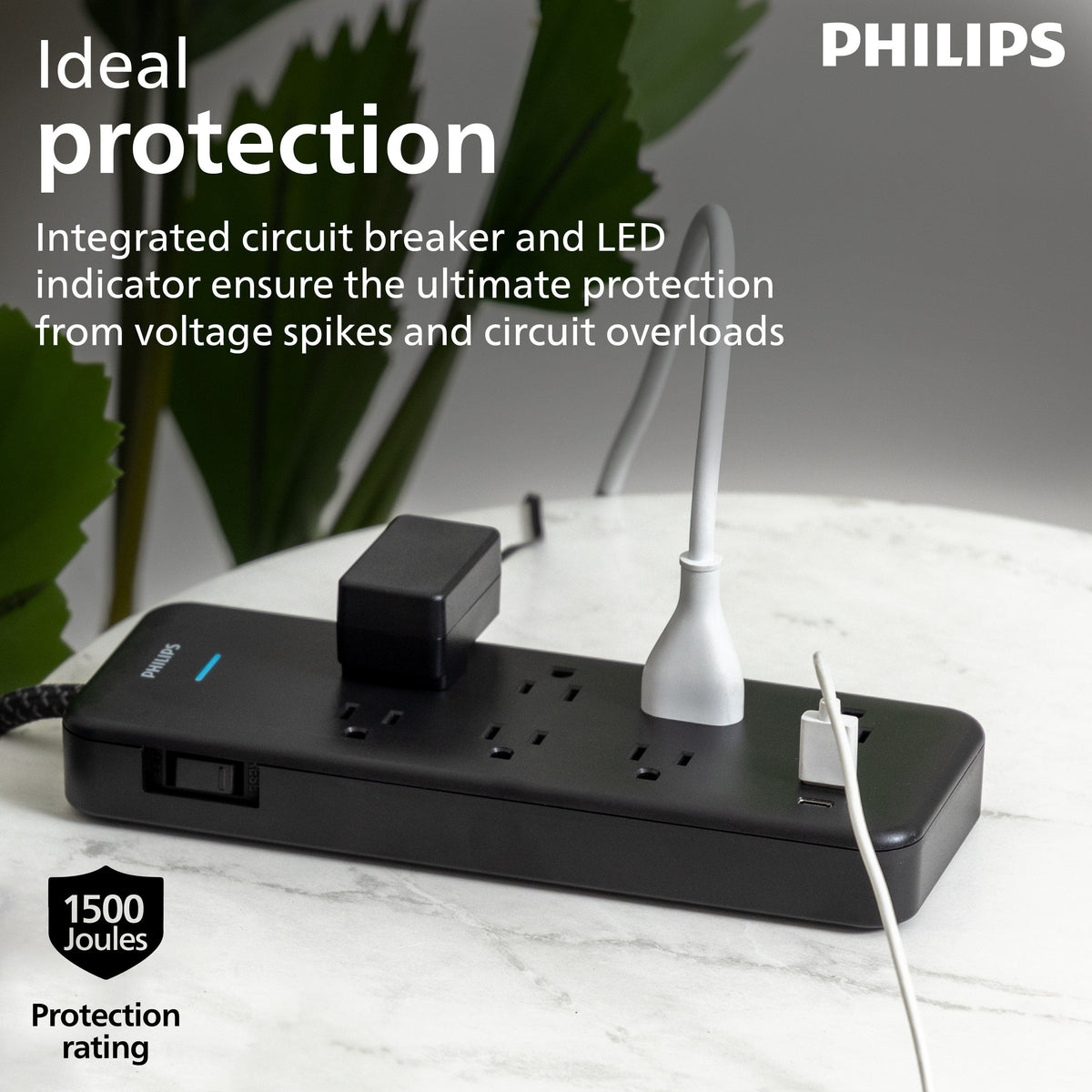 Philips 7-Outlet 6ft. 1 USB-A 1 USB-C Surge Protector With Adapter-Spaced Outlets, Black