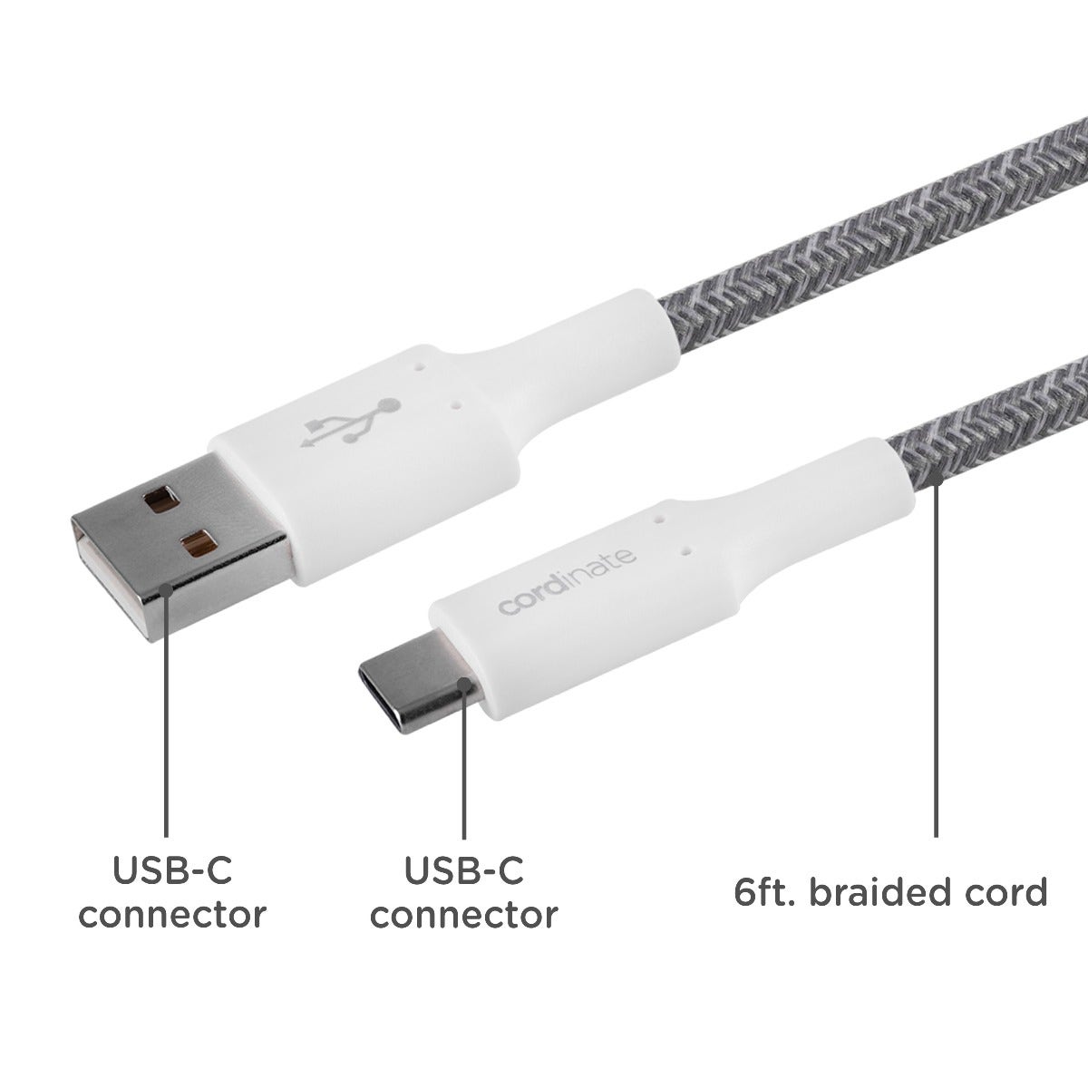 Cordinate 6ft. USB-A to USB-C Braided Charging Cable, Gray/White