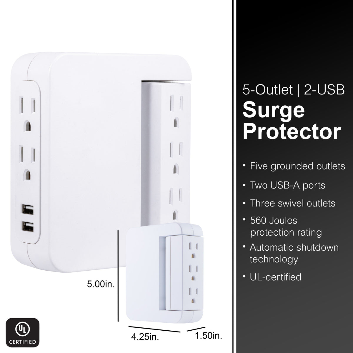 GE 5-Outlet 2-USB Wall Tap with Surge Protection and Swivel Outlets, White
