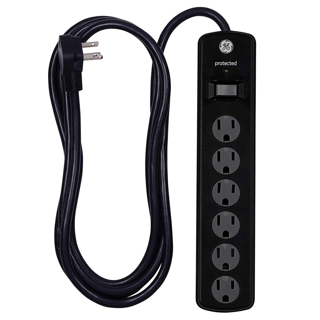 GE 6-Outlet 8ft. Surge Protector with Twist-to-Close Safety Covers, 2 Pack, Black