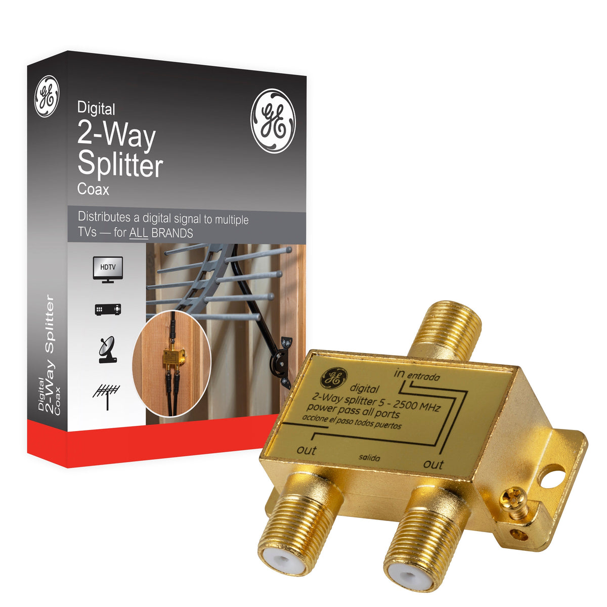 GE Pro Digital 2-Way Coaxial Splitter, Gold