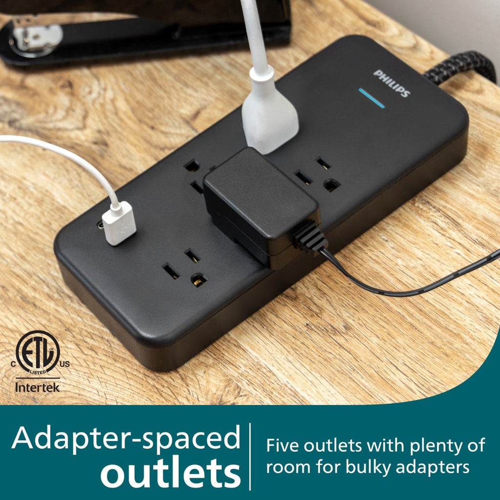 Philips 5-Outlet 6ft. 1 USB-A 1 USB-C Surge Protector With Adapter-Spaced Outlets, Black