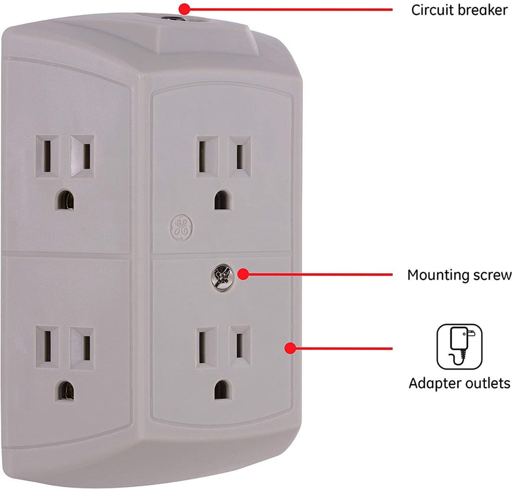 GE 6-Outlet Wall Tap with Resettable Circuit Breaker, 2 Pack, Gray