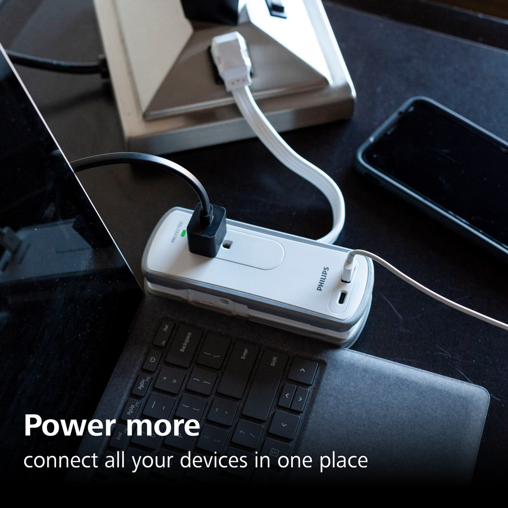 Philips 2-Outlet 2-USB Travel Charging Station with Surge Protection, White/Gray