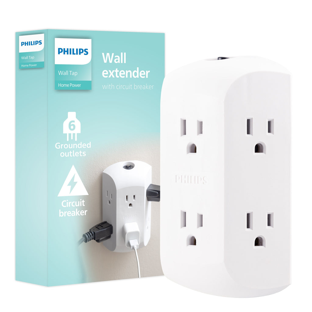 Philips 6-Outlet Wall Tap with Resettable Circuit Breaker, White