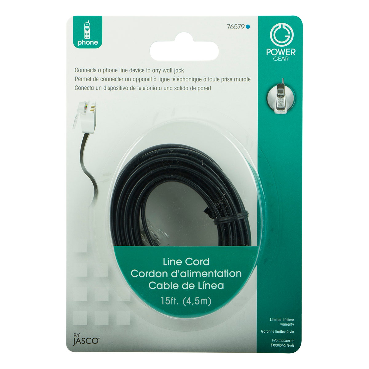 Power Gear 15 ft. Phone Line Cord, Modular Jack Ends, Black