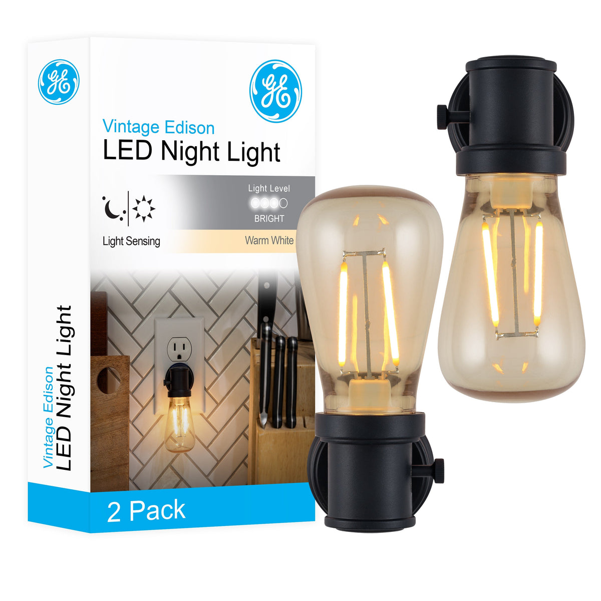 GE Vintage Light Sensing LED Night Light, 2 Pack, Black