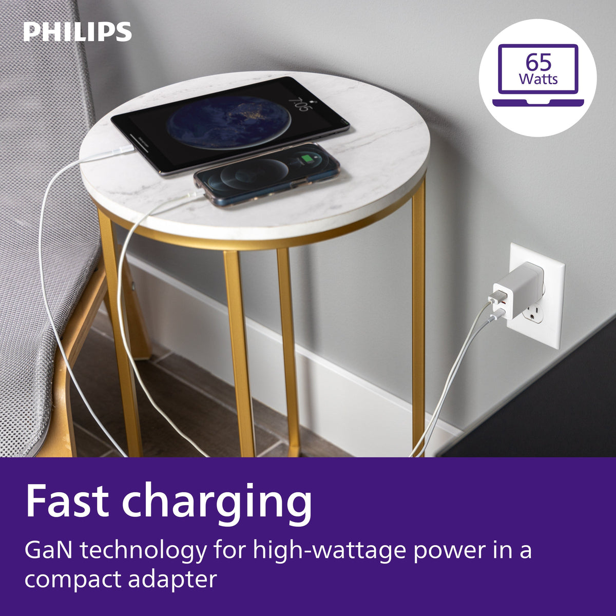 Philips 1 USB and 2 USB-C Wall Charger with Power Delivery, White